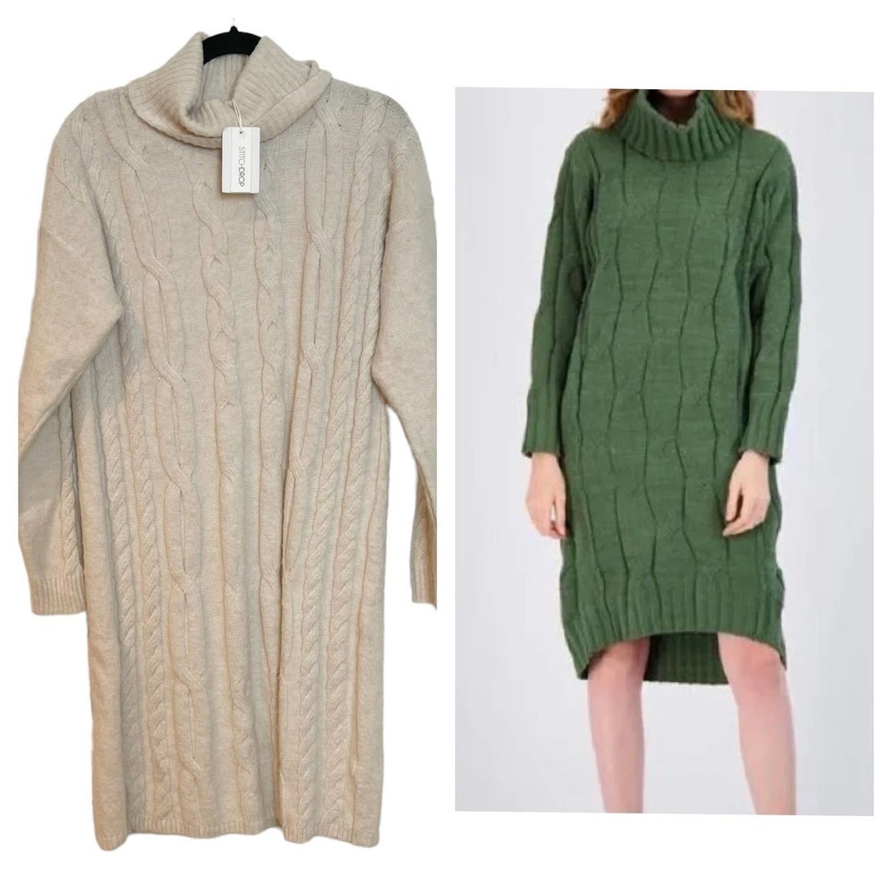 STITCHDROP Cable Knit Turtleneck Sweater Dress Long Sleeve Nude Women's Size L